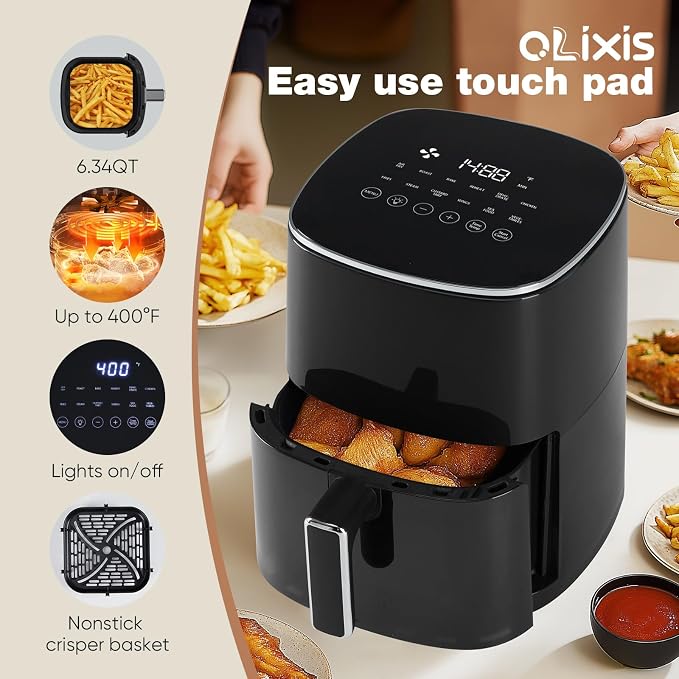 OLIXIS Air Fryer 6 Quart with Window Square Airfryer 12-in-1 Air Frys, Roast, Reheat, Dehydrate, Bake, Steam, Fries, Custard, Chicken, Wings, Sea Food, Vegetabels,400F, White
