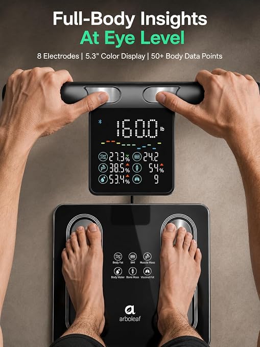 Arboleaf 8-Electrode Body Composition Scale, 5.3" Eye-Level Handle Display, 50+ Metrics Smart Fat Scale for Body Weight, Bluetooth App Sync, 400lb Capacity for Home Gym, Black