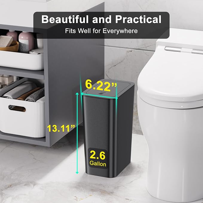 N. NETDOT 3 Pack 10 L/2.6 Gal Bathroom Trash Can with Lid, Small Kitchen Trash Bin with Press Type Lid, Black Trash Can/Slim Garbage Cans/Trash Bin/Waste Basket for Bathroom,Kitchen,Office,Bedroom