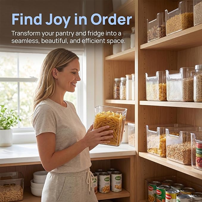 Crystal Clear Freezer Storage Bins, BPA-Free Clear Fridge Organizer Bins with Handles, Stackable Plastic Bins for Organization, Heavy-Duty Clear Storage Bins (Transparent, 8S)