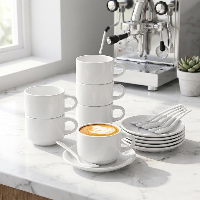 Hedume 6 Pack 5 OZ Espresso Cups with Saucers and Spoons, Stackable Espresso Coffee Cup Set for Specialty Coffee Drinks, Latte, Cafe Mocha and Tea - Safe for Dishwasher, Microwave, Oven and Freezer