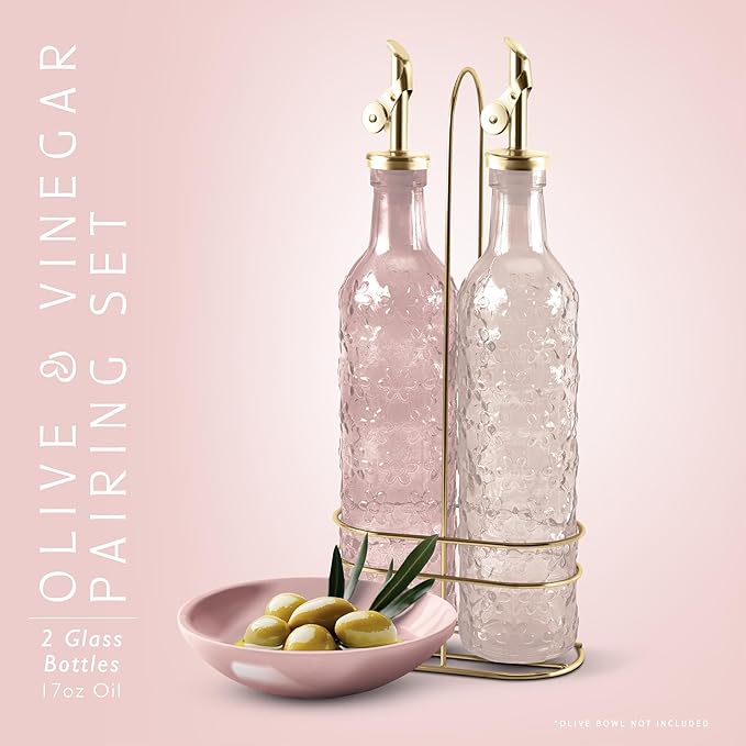 COOK WITH COLOR Glass Olive Oil Bottle Dispenser - 2 Pack- 17oz Oil and Vinegar Cruet - Olive Oil Carafe Decanter for Kitchen, Floral, Pink