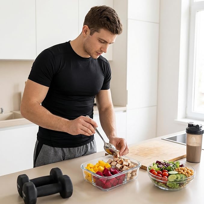 Glass Food Storage Containers with Lids, 1, 2 & 3 Compartment Meal Prep Set, 35 oz, Leakproof, BPA-Free, Oven & Freezer Safe, 6 Piece