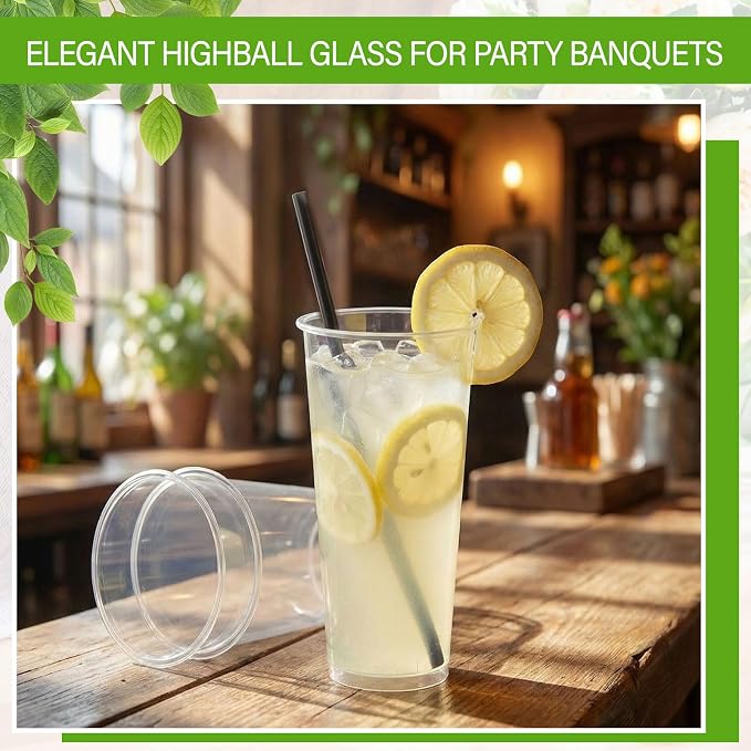Plastic Highball Glasses with Straws(set of 48), 32 oz Shatterproof Drinking Cups, Tall Whiskey Collins Glass with Straws, Smoothie Tumbler Mojito Cocktail Cups for Wedding Fall Xmas Party