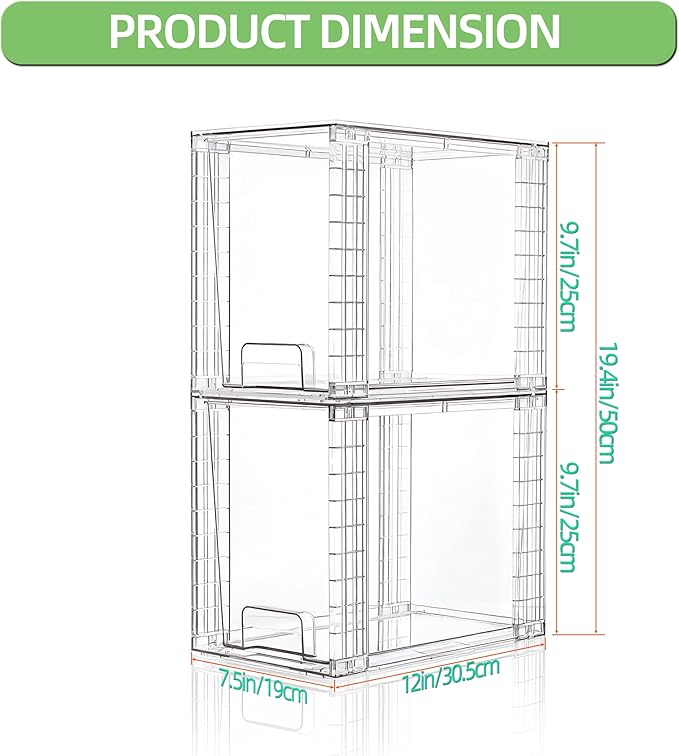 High Clear Stackable Storage Drawers(2 Pack), High-strength Plastic Organizer Bins with Handles for Skincare Bathroom Cabinet Vanity Undersink Kitchen Pantry BPA-Free Storage Containers