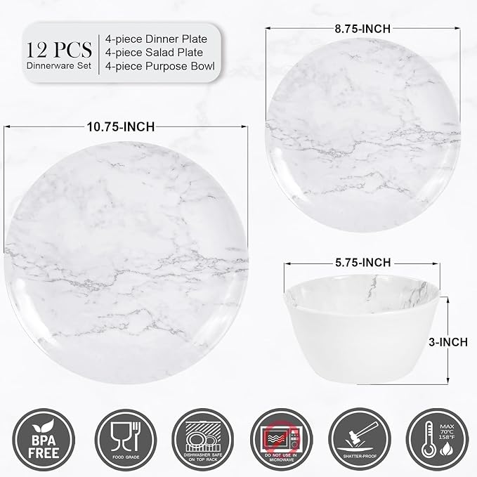 12-Piece Melamine Dinnerware Sets, Modern White Round Dish Set for 4 - Serving Plates and Bowls Sets for Snack, Dessert, Salad, Soup, Pasta - White Marble Pattern