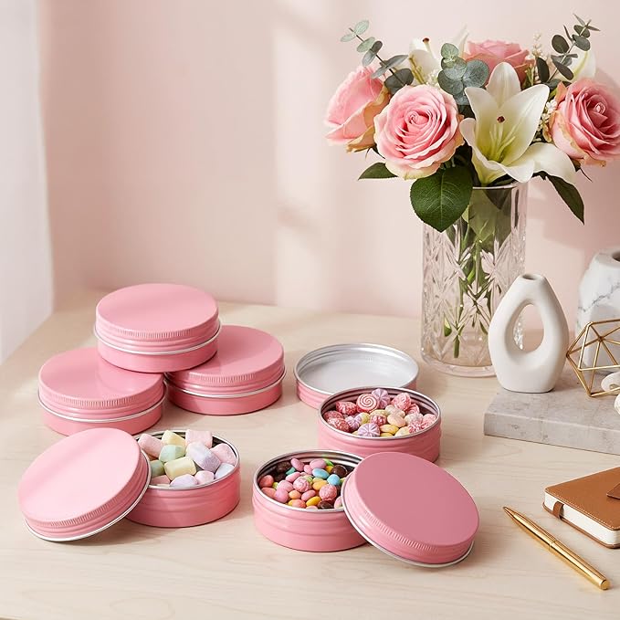 Patelai 2 oz Pink Metal Round Tins Aluminum Tin Cans Salve Tins Containers with Screw Lid 10 Sheets Stickers for Salve Spice Candies Balms Candles, 36 Pack (Classic Style)