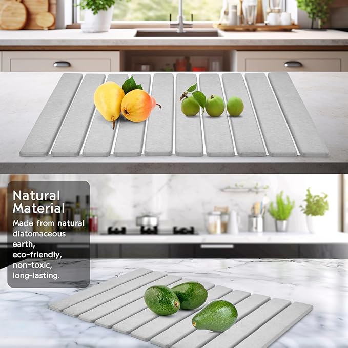 Large Stone Dish Drying Mat for Kitchen Counter, 24"(L)×16"(W), Collapsible Quick Dry Dish Drying Mat, Ultra Absorbent Diatomaceous Earth Mats for Dishes Bottles Cups, Match Any Countertop