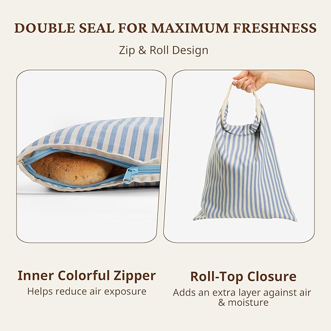 BRONYPRO Reusable Beeswax and Cotton Bread Bags with Zipper, 2-Pack Waxed Bread Bags for Homemade Bread & Sourdough, Sustainable Sourdough Loaf Storage to Lock in Freshness, Large 17x12.6in, Blue