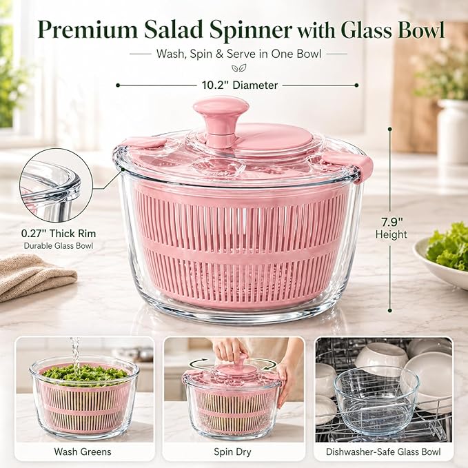 Good Grips Large 5.2 Qt Glass Salad Spinner Vegetable Dryer with Drain Dishwasher Safe with Transparent Lid Crank Handle Quick Spin Greens Washer for Lettuce Herbs Fruits Pink