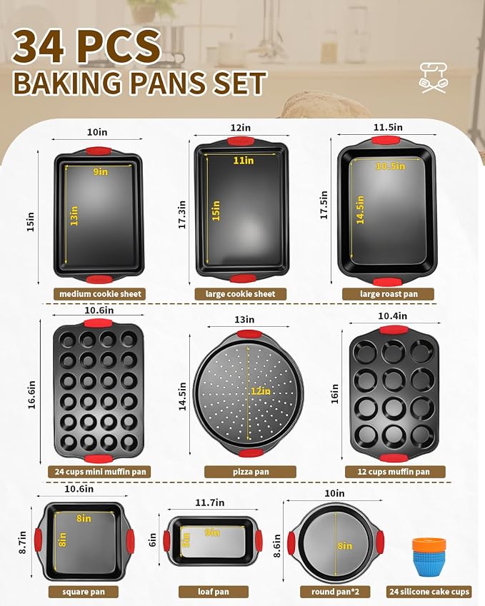 Baking Pans Set with Silicone Handles, 34 PCS Nonstick Bakeware Sets, Oven Pan Set Includes Baking Tray, Cookie Sheet, Cake Pans, Loaf Pan, Muffin Pan, Pizza Pan