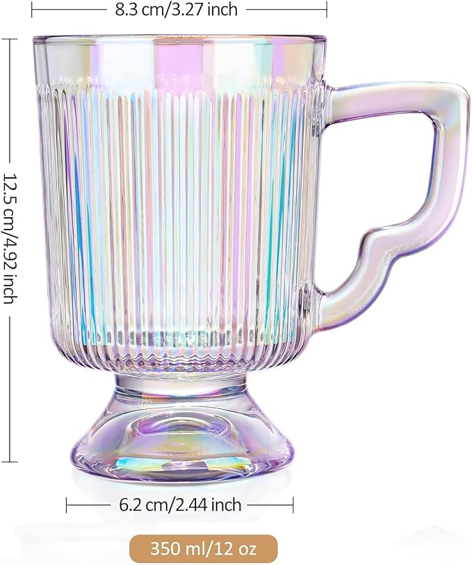 Joeyan Iridescent Glass Coffee Mugs,Vintage Ribbed Coffee Cups with Handle,Tea latte Cappuccino Espresso Milk Cups,Rainbow Drinking Glasses,12 oz,Set of 2