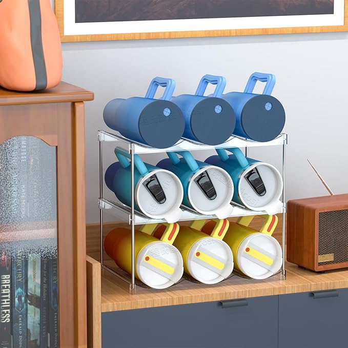 Yieach 2 Tier Waterbottle Organizer for Cabinet - Large Compartment Stackable Water Bottle Holder and Wine Bottle Rack,Acrylic Water Bottle Organizer Rack for 40 oz Stanley Cup,Yeti and Tumbler Shelf