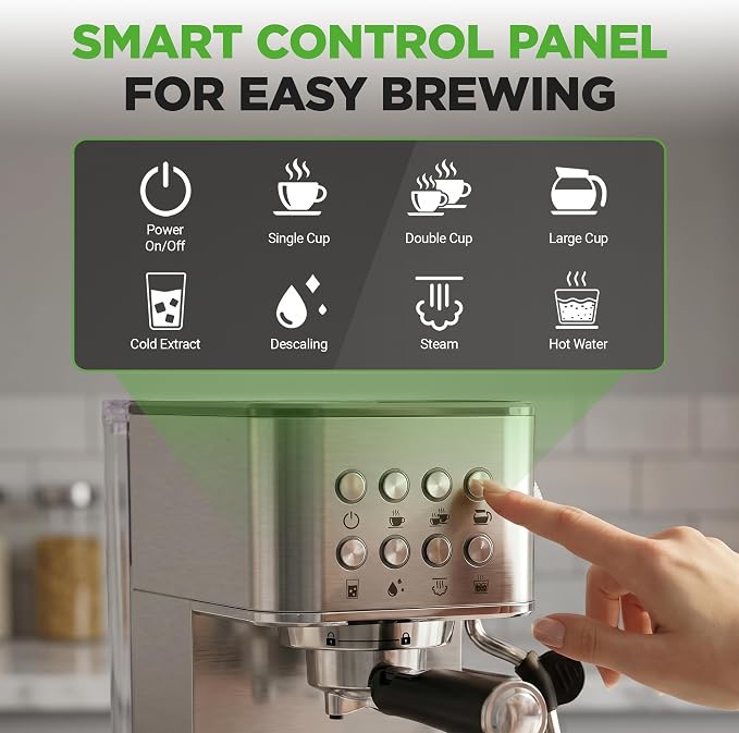 NutriChef 20-Bar Espresso Maker With Milk Frother | Removable 1.8 Quart Water Tank | Coffee Maker for Brewing Espresso, Cappuccino, Latte, Americano & Cold Brew Coffees | Stainless Steel