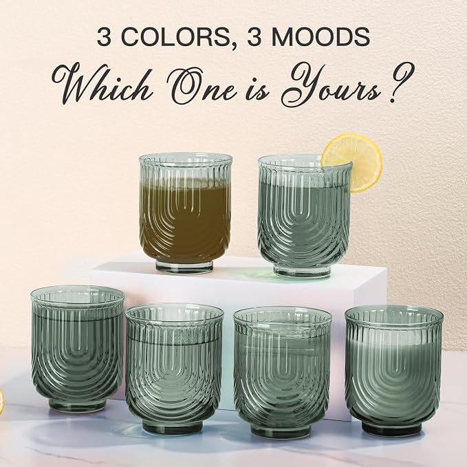 JOVGANK Green Vintage Glassware Set of 6-14Oz Green Water Drinking Glass, Art Deco Ripple Highball Glass, Whiskey Cocktail Glasses, for Bar Ice Coffee Juice, Housewarming Gifts Gift