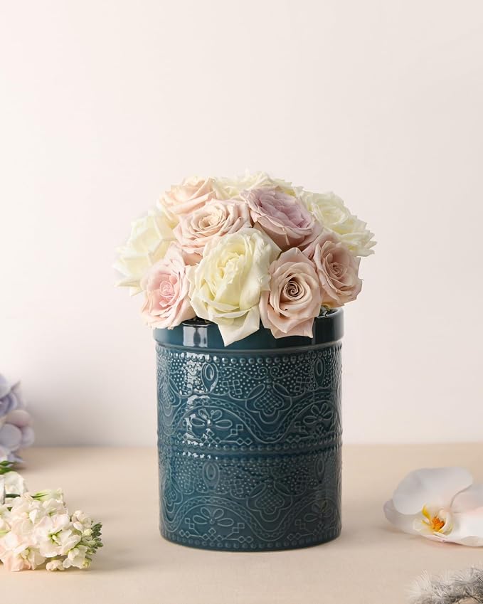FUN ELEMENTS Kitchen Utensil Holder, 7.2" Super Large Utensil Crock Heavy and Stable Lace Emboss Ceramic Utensil Holder for Kitchen Counter (Grayish Blue)