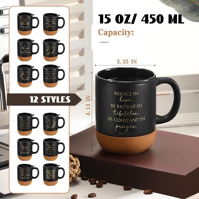 FillTouch 12 Pcs Christian Mug Gifts Bulk 15oz Religious Cup Cork Bottom Coffee Mug with Verse Inspirational Gift for Women Men Pastor Church Group Bible Study Member(Black,Classics)