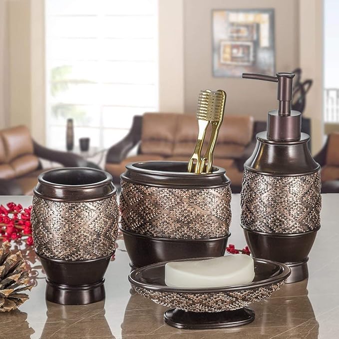 Creative Scents Dublin Brown Bathroom Accessories Set 6-Piece Resin Bathroom Decor Set Includes Toilet Bowl Brush and Holder, Tissue Box Cover, Soap Dispenser, Soap Dish, Cup, & Toothbrush Holder