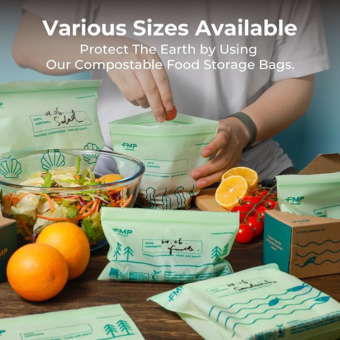 Fit Meal Prep 50 Pack 100% Compostable Sandwich Bags, 6.5 x 6.7" Resealable Food Storage Freezer Bags, Eco Friendly Snack Bags for Travel, ASTM D6400, US BPI & EU OK Compost Certified