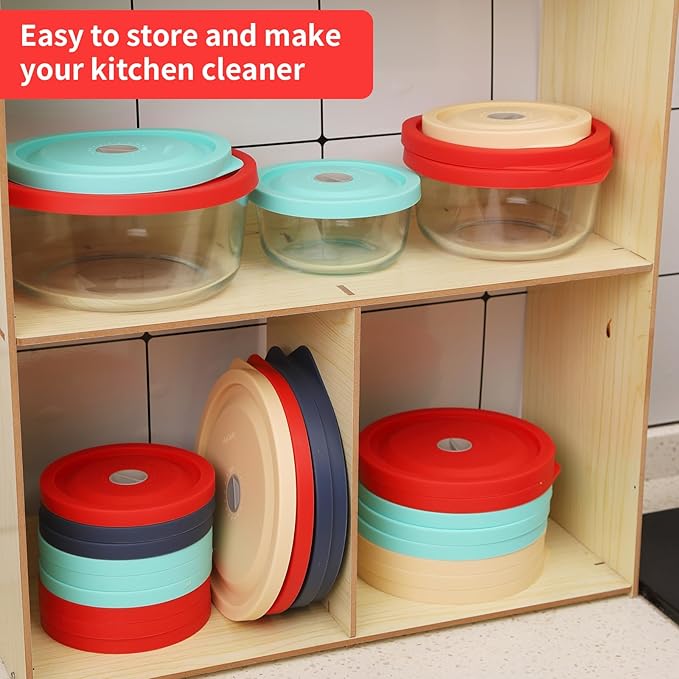 Replacement Lids for Pyrex 7200-PC 2 Cup and 7201-PC 4 Cup and 7402-PC 6/7 Cup, Silicone Round Storage Cover Lid for Anchor Hocking Glass Bowl 6 Pack Red