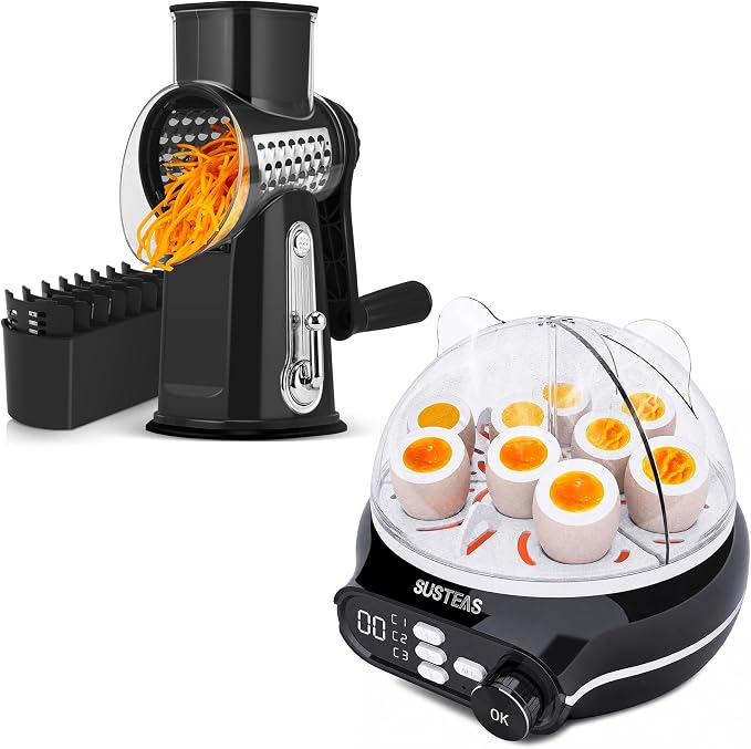 SUSTEAS Breakfast Prep Bundle 9-Capacity Rapid Egg Cooker (Soft/Medium/Hard, Timer, Voice Prompts) and Rotary Cheese Grater (5 Blades, Suction Base, Blade Storage Box) – Premium Black