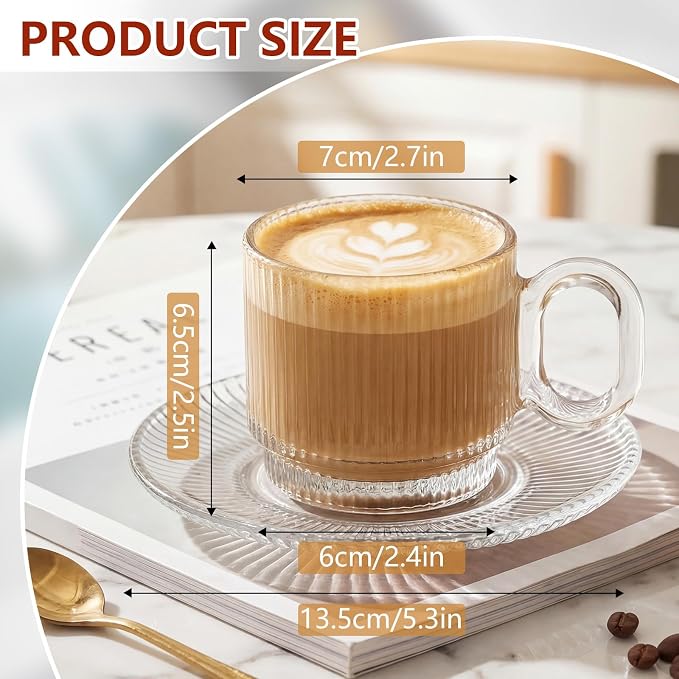 6 Sets of Glass Tea Cups with Saucers Vintage Coffee Mugs 5.6 oz Clear Espresso Cup with Handle Embossed Glassware for Hot Cold Beverages Americano Cappuccino Latte Tea