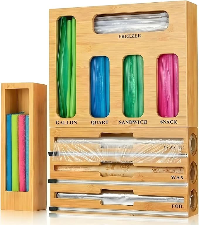 9 IN 1 Storage Bag Organizer for Kitchen Drawer, Bamboo Foil and Plastic Wrap with Cutter, Ziplock Bag Organizer for Gallon, Quart, Sandwich & Snack Bags - Aluminum Foil Organizer