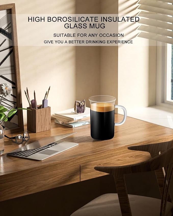LUXU Glass Coffee Tea Cups(Set of 2)-13 oz,Clear Glass Mugs,Tall Drinking Glasses for Cappuccino,Latte,Espresso,Lead-free Drinking Glasses Great for Juice,Water,Beer,Milk Hot And Cold Drinks