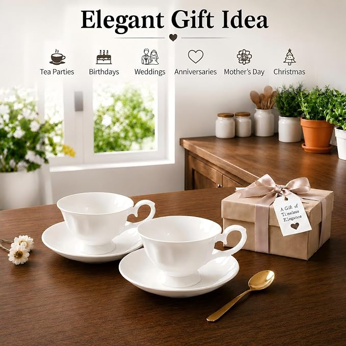 Fine Bone China Tea Cups and Saucers Set of 2, 4 Oz Vintage British Royal Style Espresso Coffee Cups for Afternoon Tea, Latte, Cappuccino, Elegant Gift