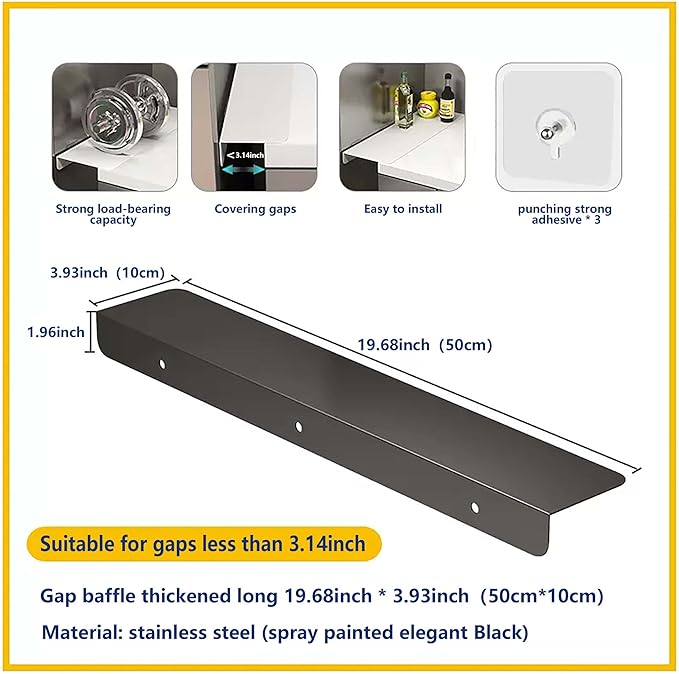 Metal Kitchen Refrigerator Gap Partition Countertop Gap Extension Board,Gap Covers Between Countertop and Walls, Refrigerator Side Partition, No Drill(Black,19.68 * 3.93inch)