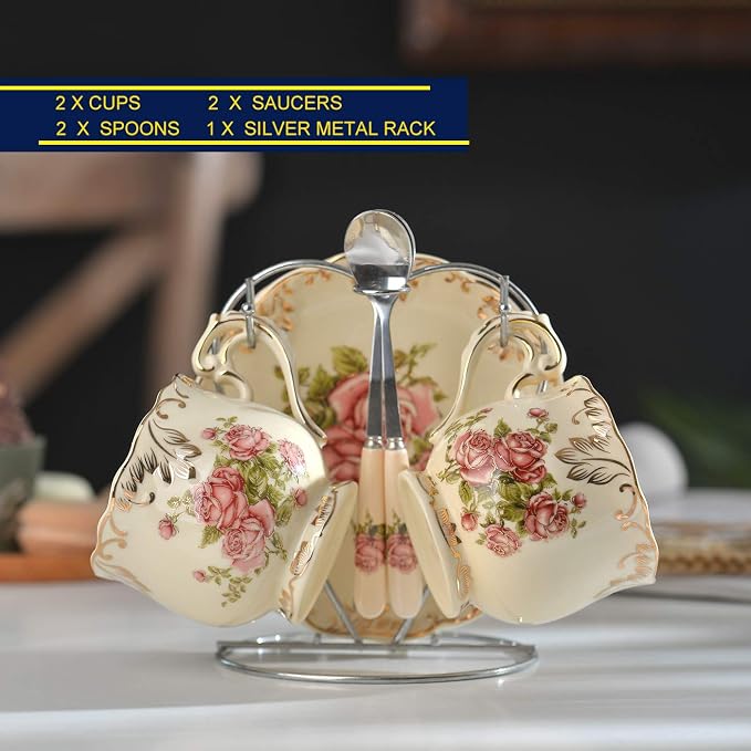 YOLIFE Tea Cup and Saucer Set of 2, 8 oz Vintage Ivory Porcelain Tea Cups Set with Stand, Teacup Saucer Set - Pink Rose with Gold Leaves