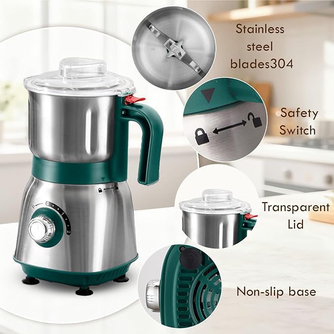 Mixer Grinder For Kitchen - Dry Grinding Cup For Grinding Spices, Nuts, Grains, And Coffee. Comes With A 750ml Fruit Juicer Cup. (Green+cup)