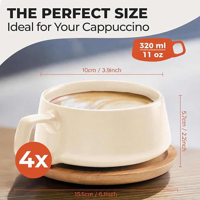 MIAMIO – 11 Oz., Set of 4 Ceramic Tea Cup and Saucer Bamboo/Tea Mug - Wide Cappuccino Cup, Coffee Cups Ceramic Mug for Cappuccino, Latte, Espresso & Americano - Luxe Collection (Cream Rose)