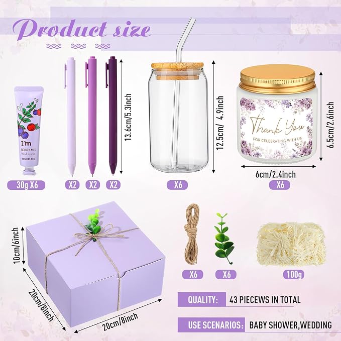 Reallnaive 6 Sets Baby Shower Prizes for Game Winners, Baby Shower Favors Including Glass Cup Scented Candles Hand Cream Pens Gift Box with Raffia for Gender Reveal Wedding Bridal Party Prizes(Purple)