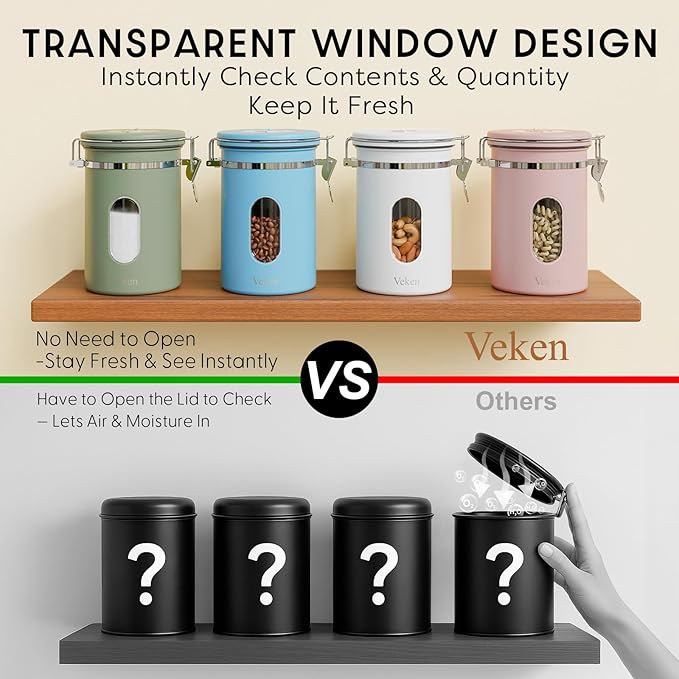 Veken Coffee Canister with Window, Airtight Stainless Steel Kitchen Food Storage Container with Lids, Date Tracker and Scoop for Ground, Beans, Tea, Flour, Cereal, Sugar Jars, 22OZ, Blue