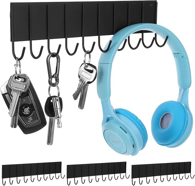 4Pcs Magnetic Key Holder for Fridge, With 10 Hooks Wall - Strong Magnetic Hooks Organizer for Keys, Kitchen Utensils, Towels, Grill Tools - No Drill Iron Key Rack for Metal Door, Garage, Laundry Room
