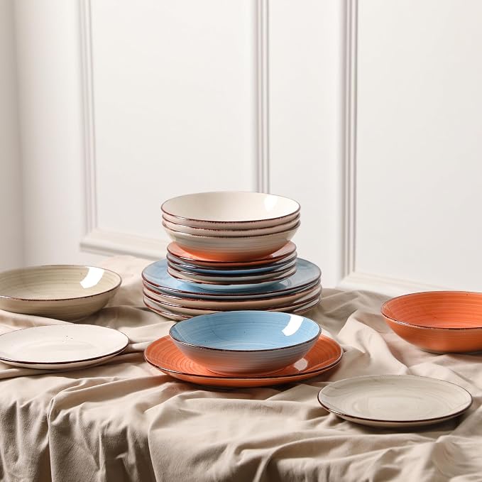 Dinnerware Sets for 6, 18 Piece Plates and Bowls Sets, Stoneware Dishware Sets Kitchen, Scratch Resistant Dishes, Microwave & Dishwasher Safe (Blue, Service for 6(18PCS))