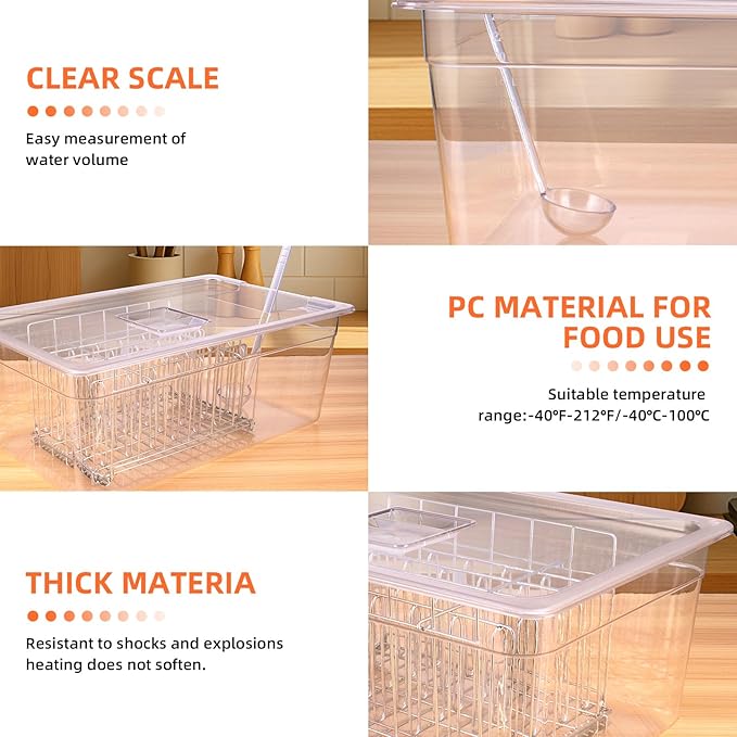 Sous Vide Container 26 QT with Lid, Rack & Spoon-Precision Cooking Tub for Anova Nano, Joule, Instant Pot Immersion Circulators - Large Accessories Kit (Square opening)