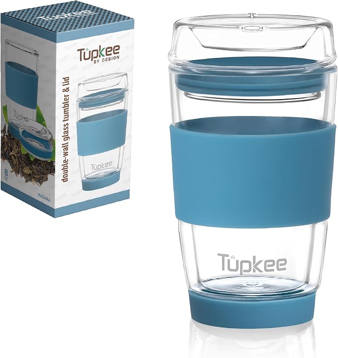 Double Wall All Glass Tumbler - 8-Ounce, Reusable Insulated Tea/Coffee Mug & Lid, Hand Blown Glass Travel Mug - Niagara - 2 Pack