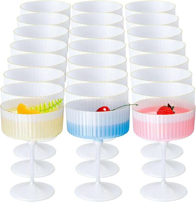 Jingmore 24 Pcs Ribbed Martini Glasses 10 oz Disposable Plastic Vintage Ribbed Coupe Glasses with Gold Rim Cocktail Unbreakable Dessert Parfait Glassware for Wedding Party Supplies (Pearl White)