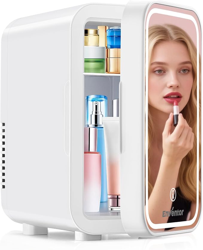 Enventor Mini Skincare Fridge Small Refrigerator for Bedroom, Beauty Fridge for Makeup with Dimmable LED Mirror, 6 L / 8 Cans Compact Portable Cooler for College Dorm, Office, Car, White