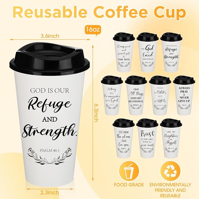 Skylety 20 Pack Bulk Christian Gifts for Men Women 16oz Reusable Bible Verse Tumbler Plastic Coffee Cup with Lid Inspirational Religious Church Gift for Teacher Graduation Party Favor (White)