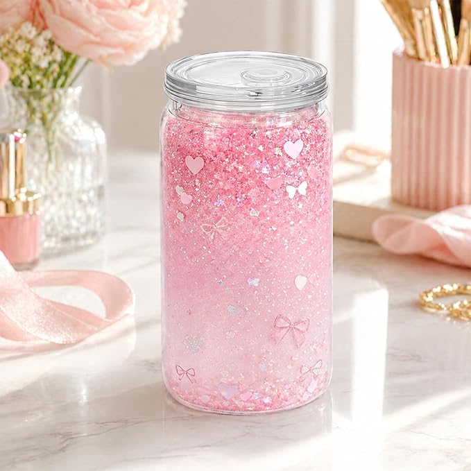 YOUKE OLA 20 Pack Acrylic Snowglobe Tumbler Pre-Drilled Double Wall Plastic Clear Cup for Glitter Snow Globe with Clear Lid & Straws Including DIY Kit 16oz