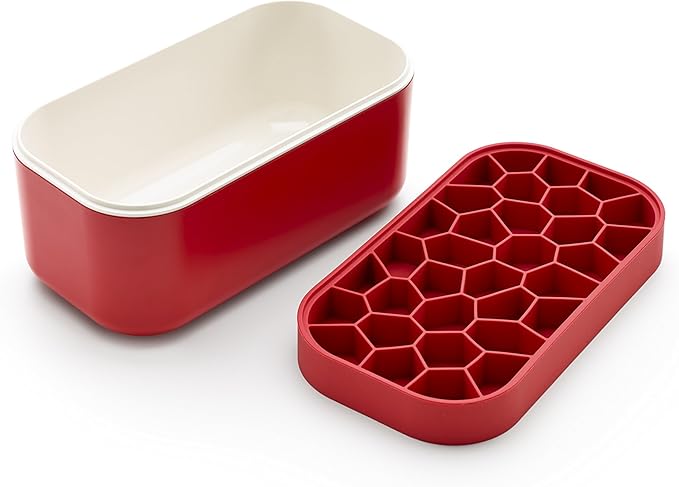 Lékué Ice Box | Red | Ice Cube Tray For Freezer With Lid & Bin | Made With 100 Percent Platinum Silicone | Elegant And Retro Style Ice Cubes | For Cocktails, Ice Tea & Coffee And More |