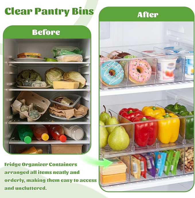 Mifoci 16 Pcs Snack Pantry Organizer and Storage - Clear Plastic Storage Bins for Pantry Shelf with 3 Divider Stackable Plastic Containers Box with Handle for Kitchen Cabinet Fridge Closet Bathroom