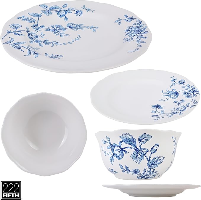 222 Fifth 12-Piece Porcelain Dinnerware Set for 4, White & Blue Plates and Bowls Set, Glossy Ceramic Dish Set with Beautiful Floral Design, Elegant Kitchen Dishes, Microwave & Dishwasher Safe, Bellamy