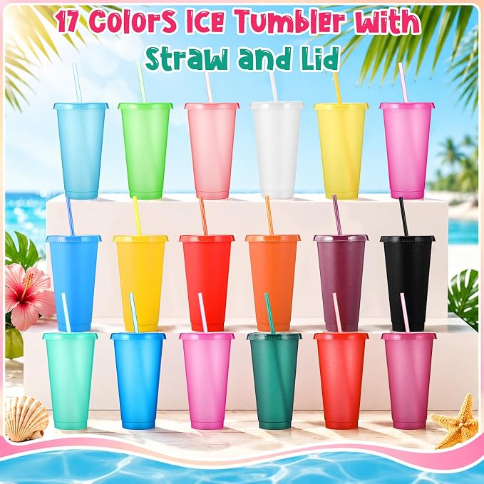 Honeydak 100 Pack Tumbler with Straw and Lid Bulk Cups for Gifts Glitter Plastic Coffee Cups 24-27 oz Reusable Water Bottle Iced Coffee Travel Mug Party Favors for Birthdays Travel (Assorted Color)