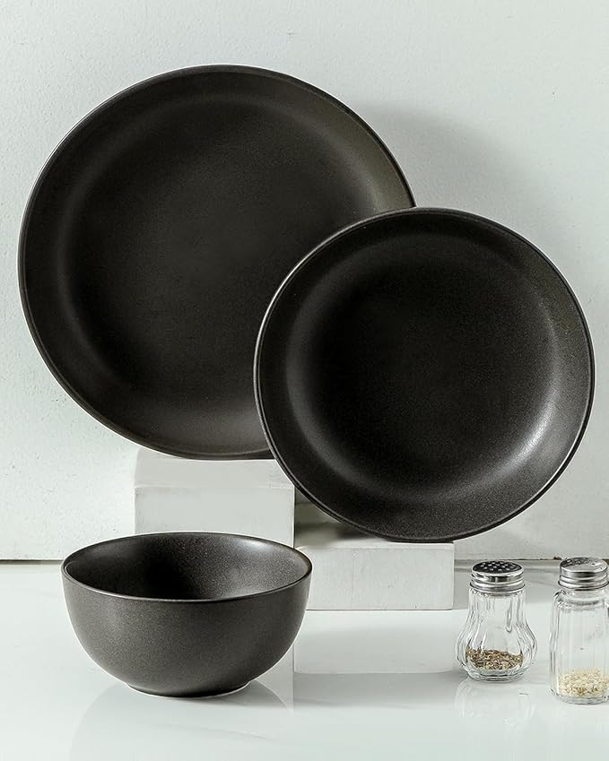 3 Piece Dinnerware Set, Stoneware Plate and Bowl Set, Ceramic Serveware Set, Scratch Resistant, Dishwasher & Microwave Safe, Matte Black
