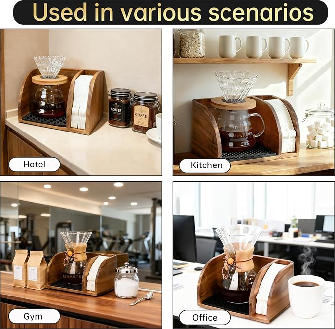 Acacia Coffee Bar Station Organizer Stand, Wooden Pour Over Maker Caddy Storage Organizers, Coffee Filter Holder for Countertop with Heatproof Mat (9.4*7*5.1 inch) Glass Coffee Maker not included