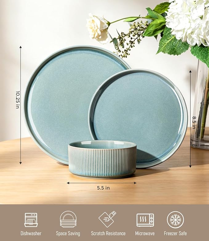 GBHOME 12-Piece Stoneware Dinnerware Set for 4 – Ribbed Ceramic Plates and Bowls, Scratch-Resistant, Microwave & Dishwasher Safe, Reactive Glaze, Malachite Green
